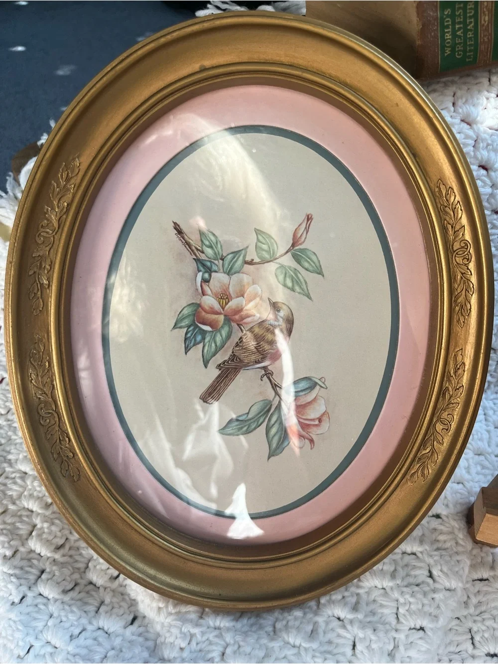 Gold Oval Floral Bird Wall Art Pair - Pink Accents